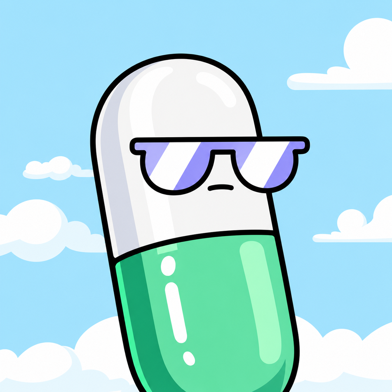 Pilliam capsule mascot wearing sunglasses